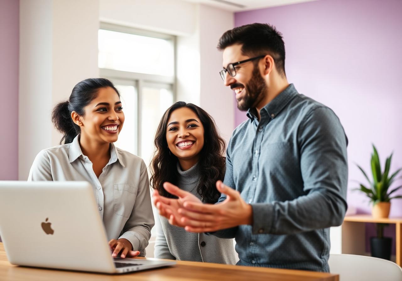 Colleagues helping each other with a question at a laptop