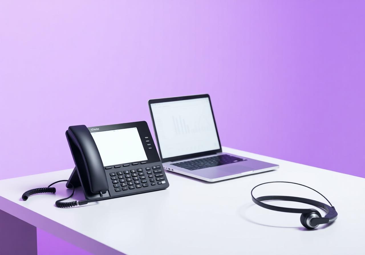 Modern workspace with VoIP phone, laptop, and headset