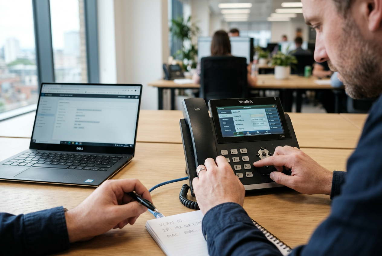 Technician programming a Yealink IP phone connected to a laptop