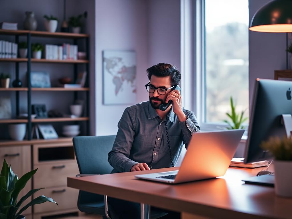 Small business owner using a business phone and laptop
