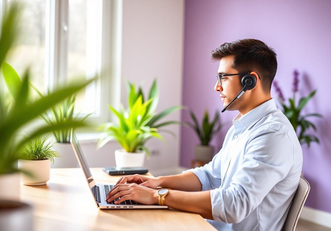 Remote professional working from a bright home office with a softphone app