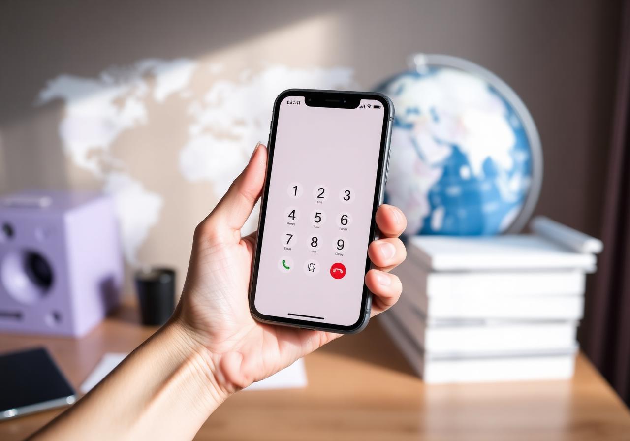 Hand holding a smartphone showing a dial pad with a world map in the background