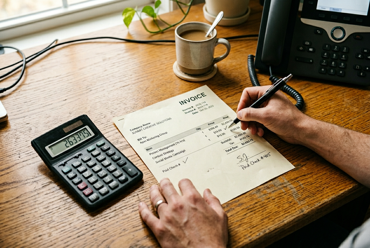 Business owner reviewing a clean invoice next to a VoIP desk phone