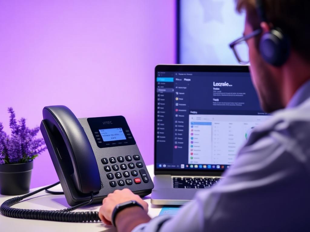 Technician configuring a VoIP desk phone